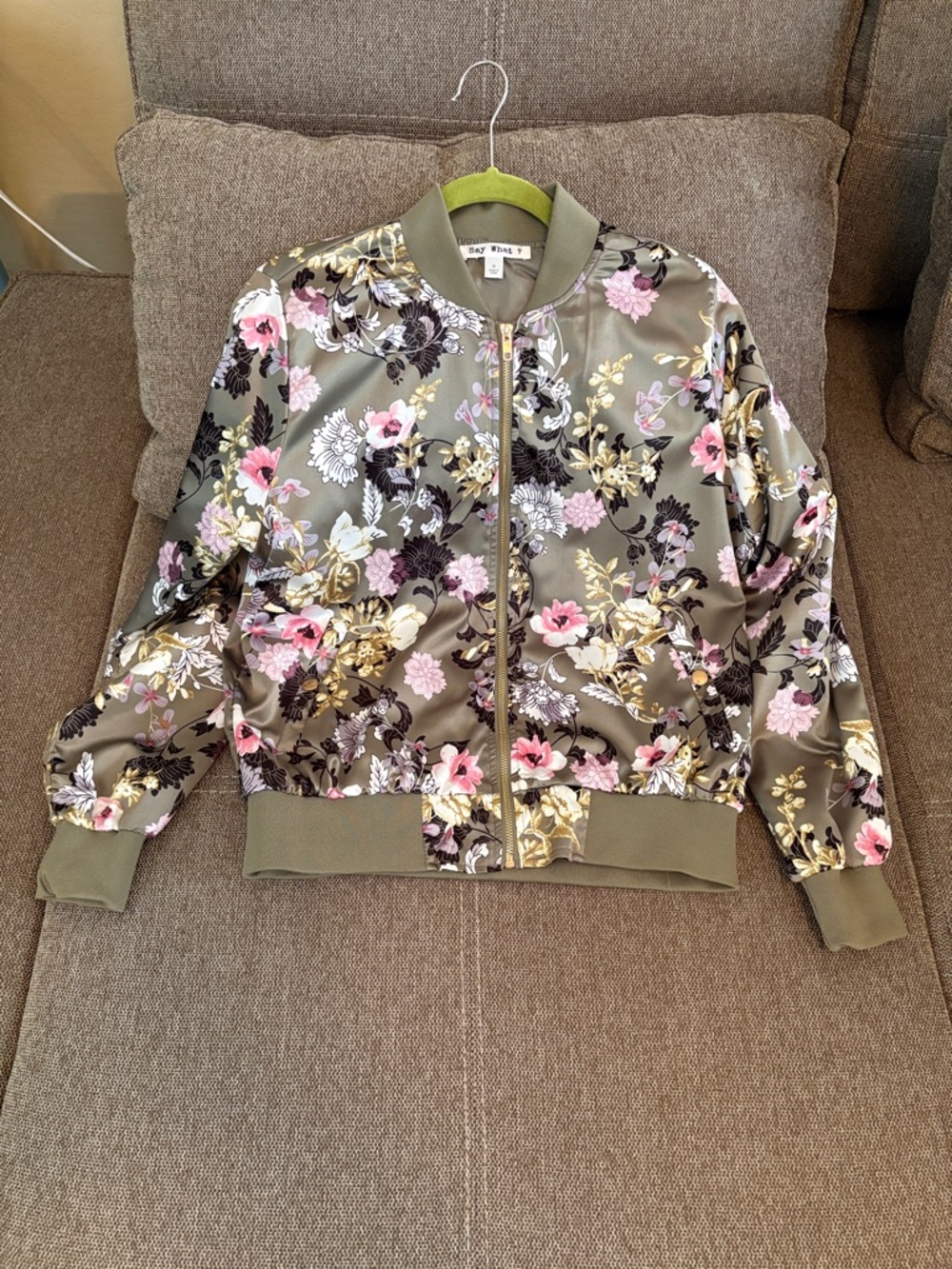 Olive Floral Satin Bomber Jacket with Pink Accents - Unbranded